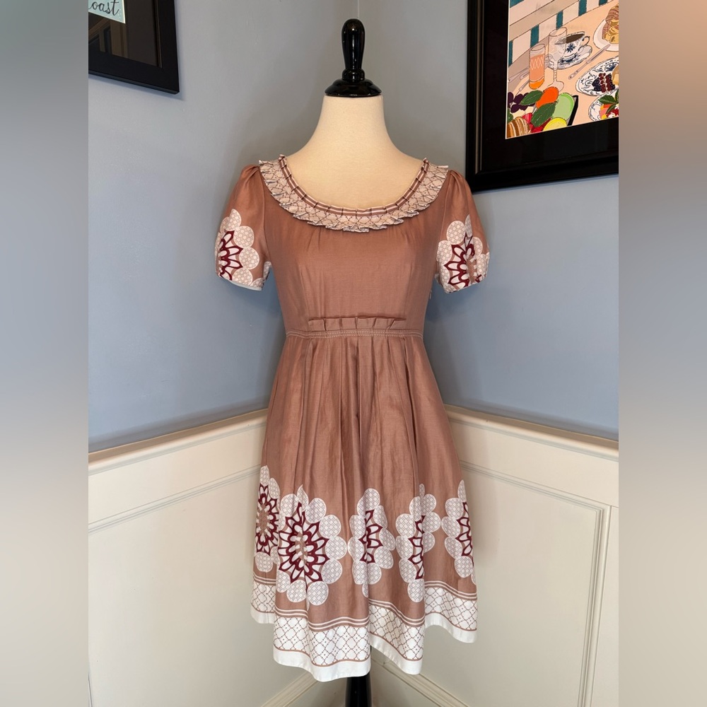 Retro Style Border Print Midi Dress by European Designer Langbow Sz 6